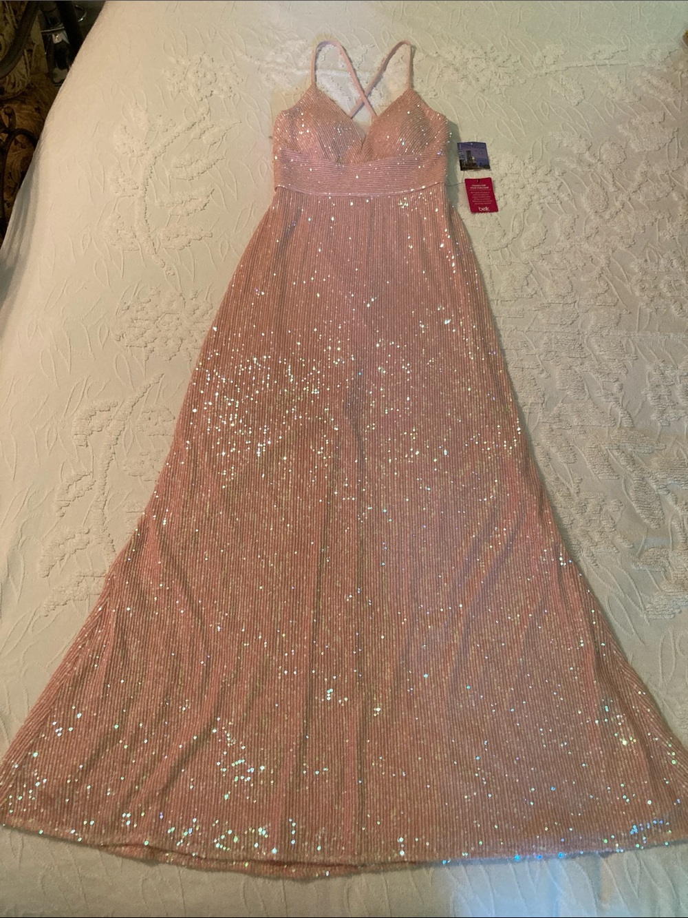 Morgan & Co. Rose Sequin Crisscross A-Line Evening Gown